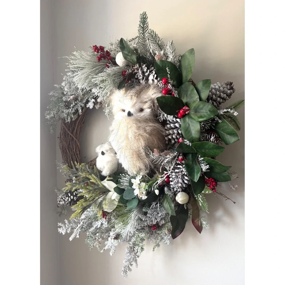 Woodland Owl Christmas Wreath Frosted Pinecone Berry Grapevine‎ Holiday Decor